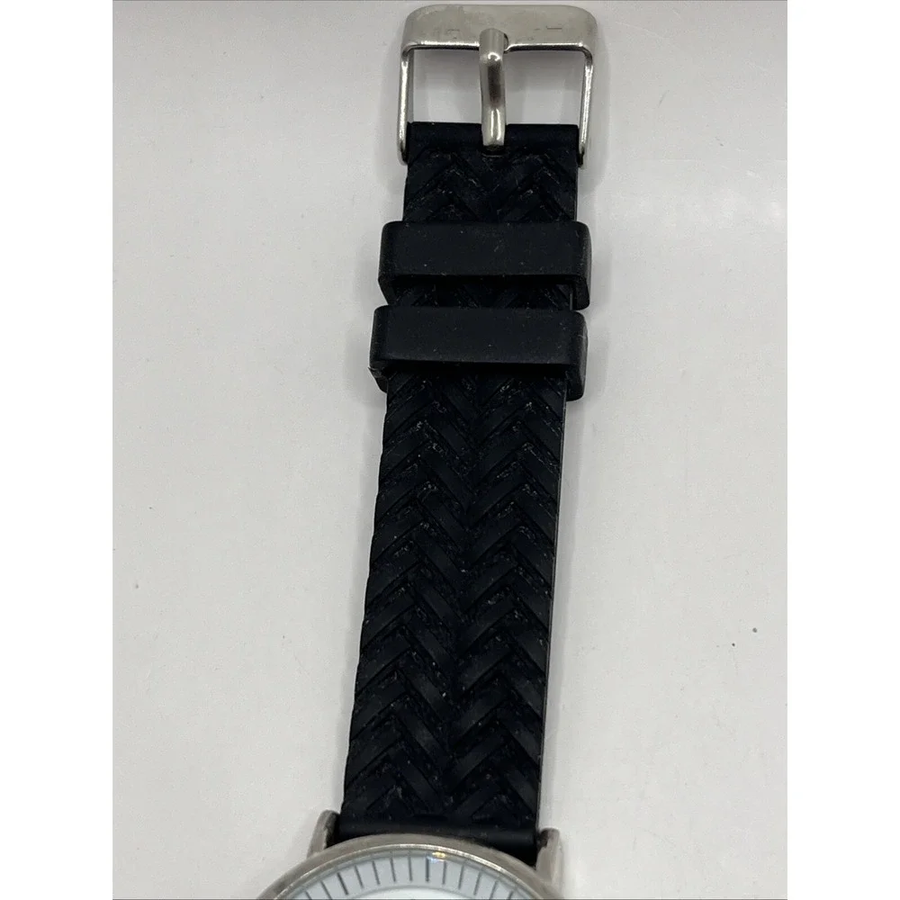 Women's Quartz Watch Black Textured Silicone Band Silver‎ 36mm Case- New Battery
